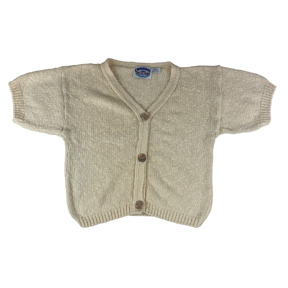 Cambridge Spirit Cardigan Womens M Cream Short Sleeve Cotton Knit V-Neck USA
